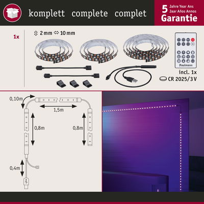 Komplettes LED-Lichtband-Set mit Fernbedienung, USB-Anschluss und Clips für farbige TV-Hintergrundbeleuchtung