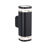 Black aluminum wall light with clear acrylic top and bottom, modern LED outdoor lighting fixture