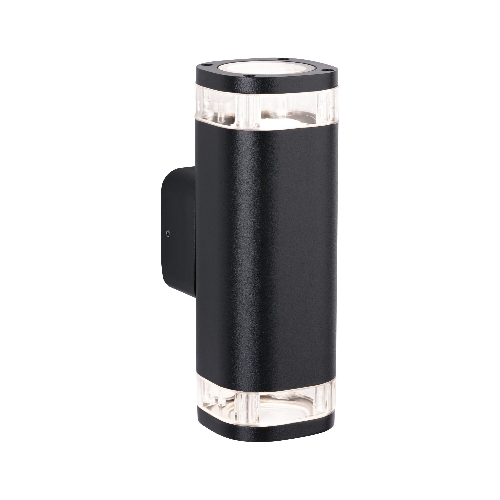 Black aluminum wall light with clear acrylic top and bottom, modern LED outdoor lighting fixture