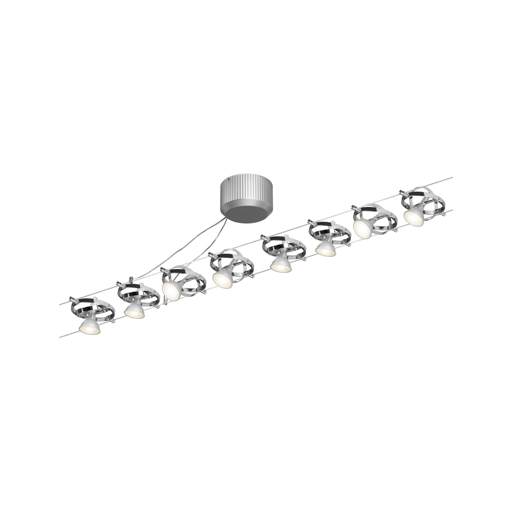 Modern cable spotlight with eight adjustable LED spots in chrome for flexible room lighting