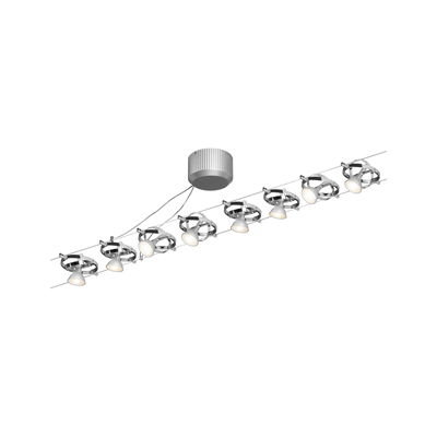 Modern cable spotlight with eight adjustable LED spots in chrome for flexible room lighting