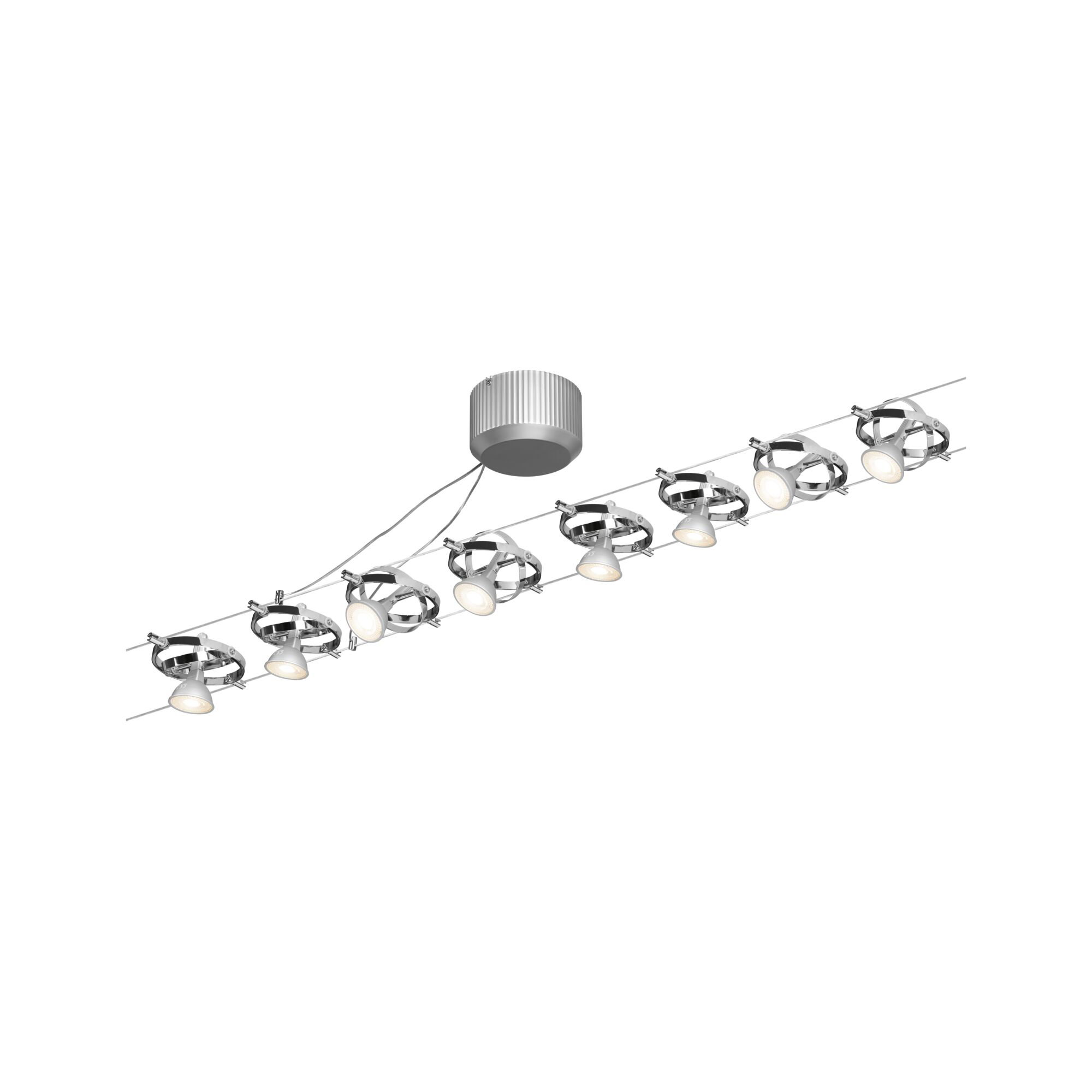 Moderne kabelspot met acht verstelbare LED-spots in chroom voor flexibele verlichting