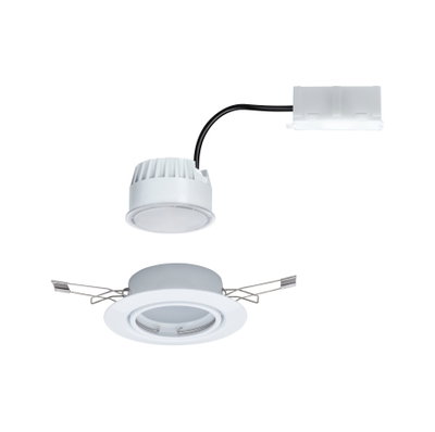 White plastic LED recessed spotlight with connector cable and spring clips for ceiling installation
