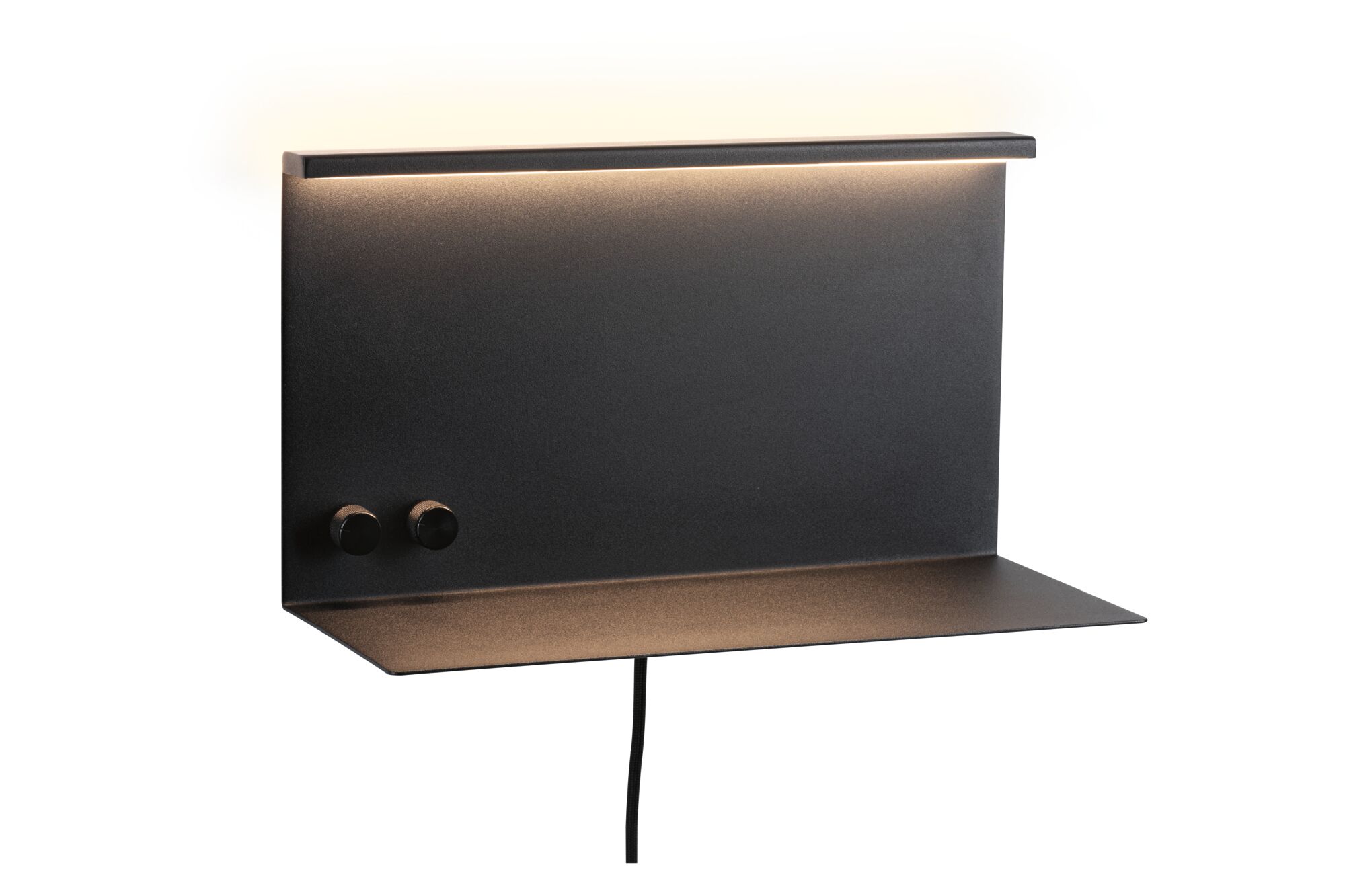 Schwarze LED-Wandleuchte aus Metall mit integriertem Lichtband und zwei Drehknöpfen für Lichtsteuerung