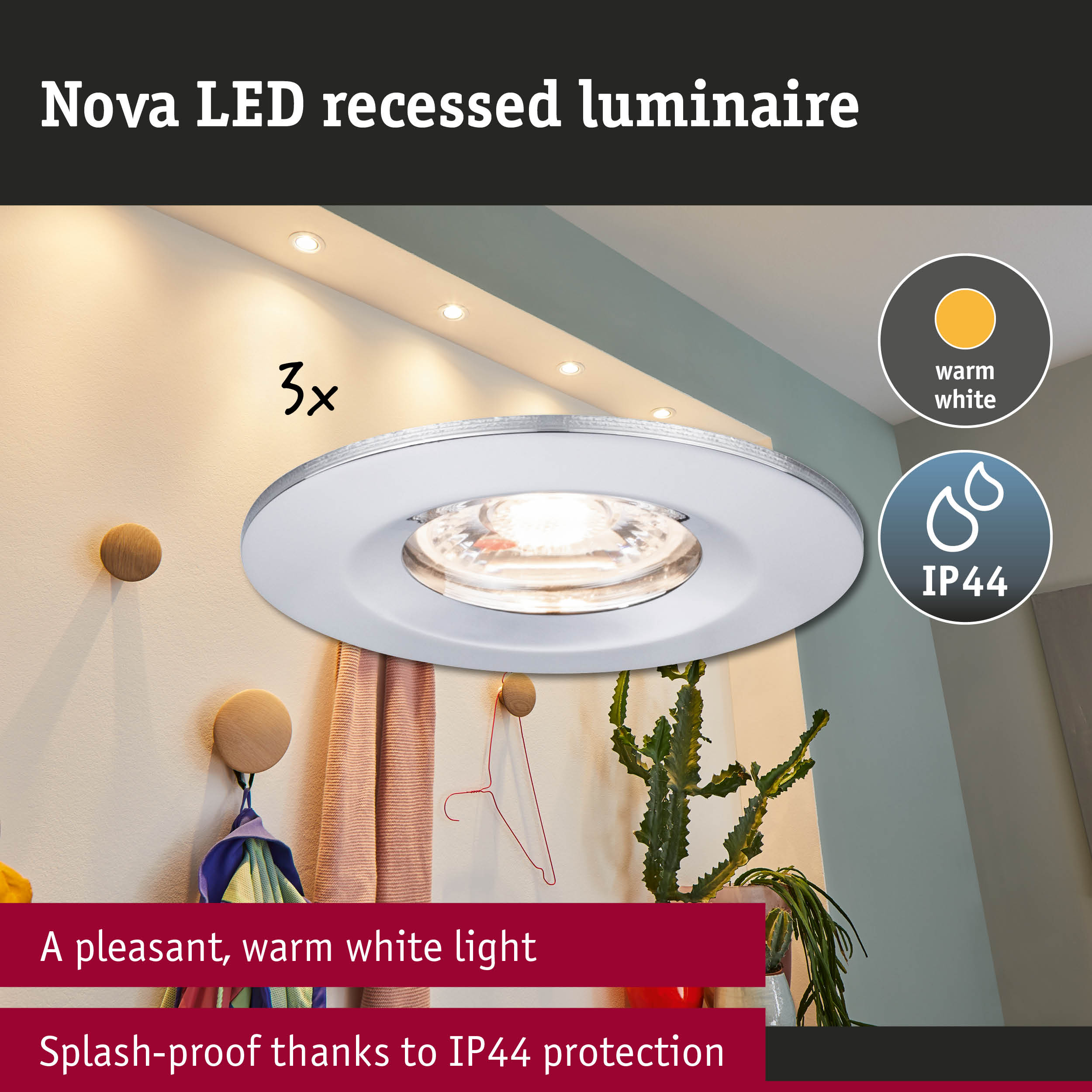 Nova LED recessed spotlight in white with warm white light and IP44 splash protection for bathrooms