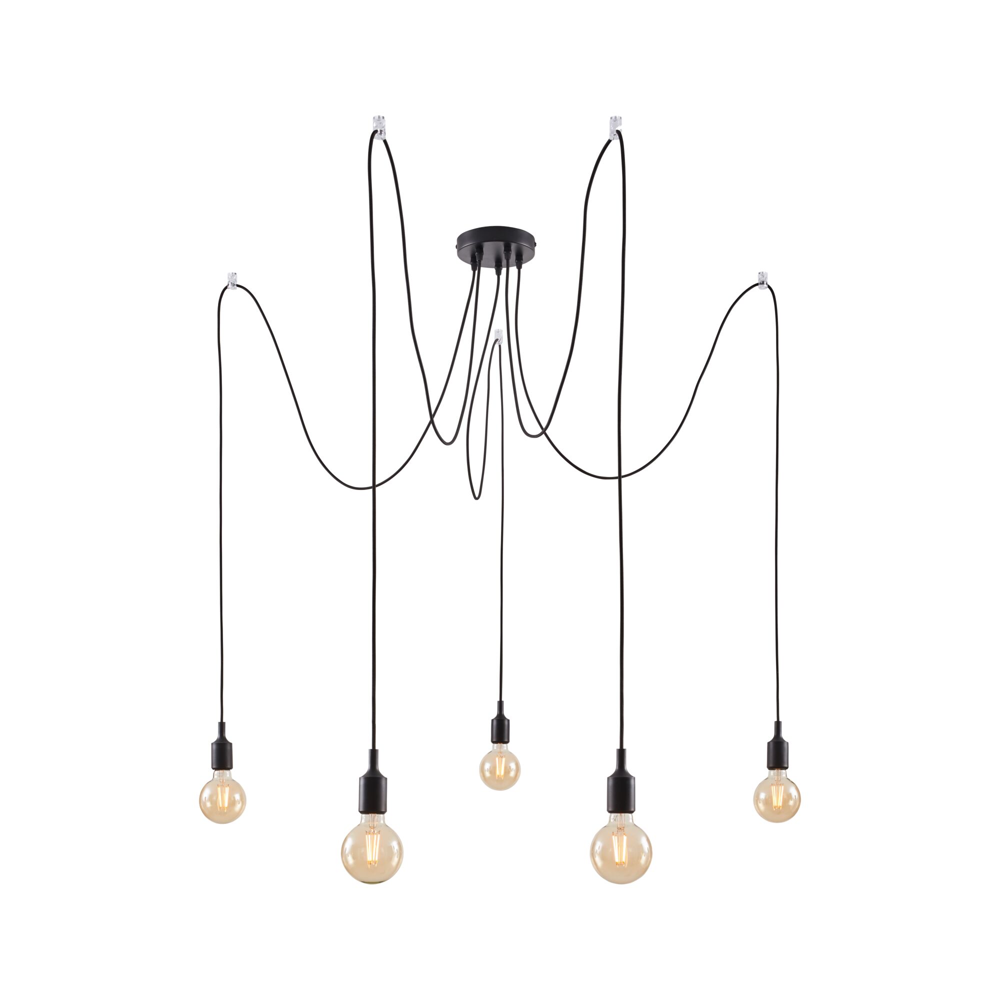Modern black pendant light with five bulbs and long cables for flexible room lighting