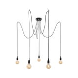 Modern black pendant light with five bulbs and long cables for flexible room lighting