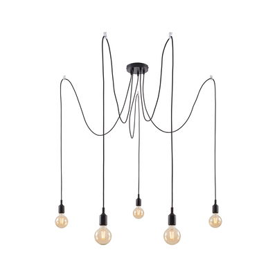Moderne zwarte hanglamp met vijf lampen en lange kabels voor flexibele verlichting