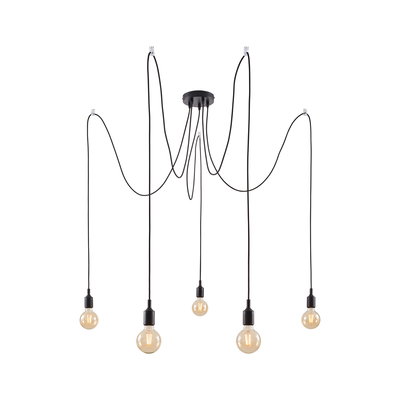 Modern black pendant light with five bulbs and long cables for flexible room lighting