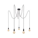 Modern black pendant light with five bulbs and long cables for flexible room lighting
