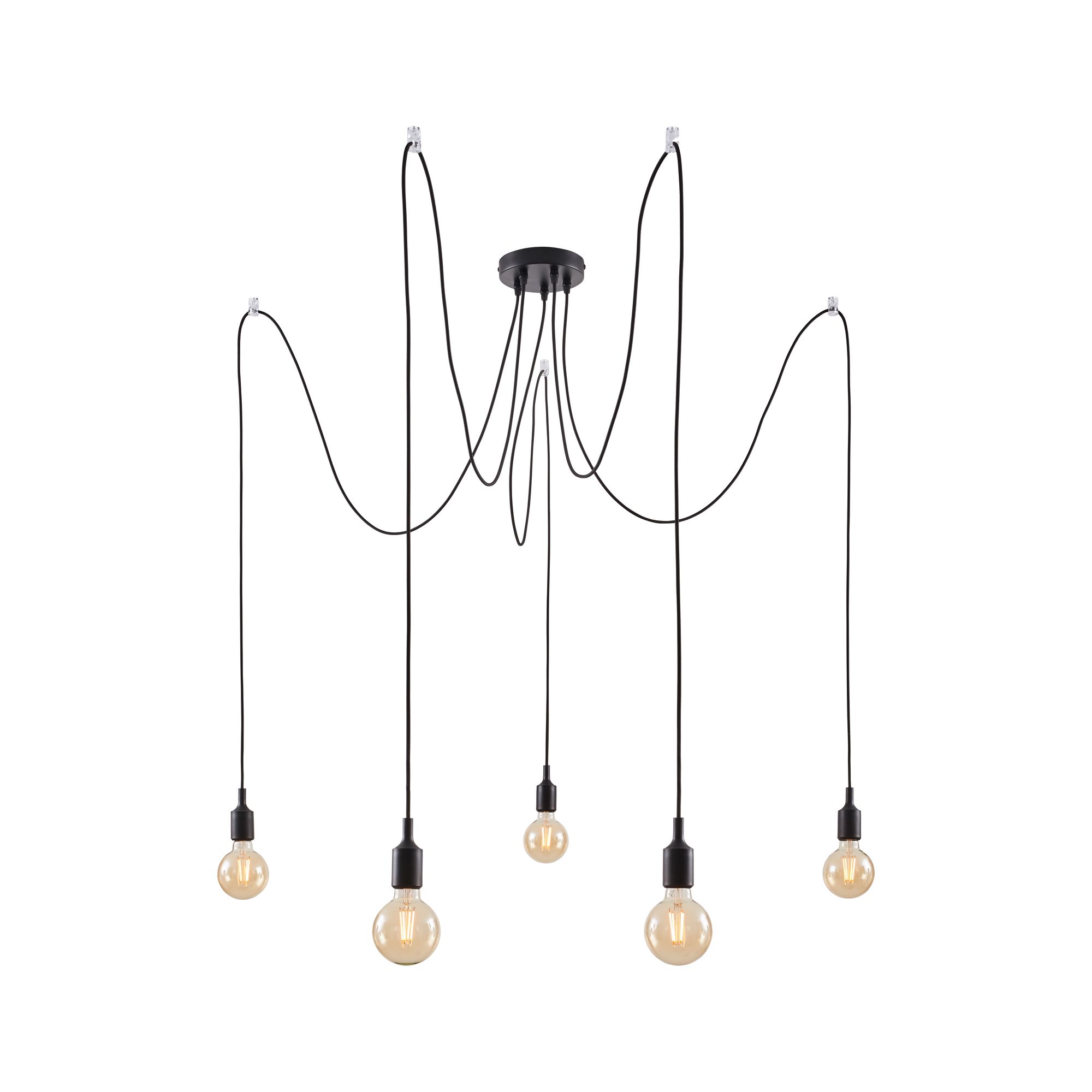 Modern black pendant light with five bulbs and long cables for stylish living room lighting