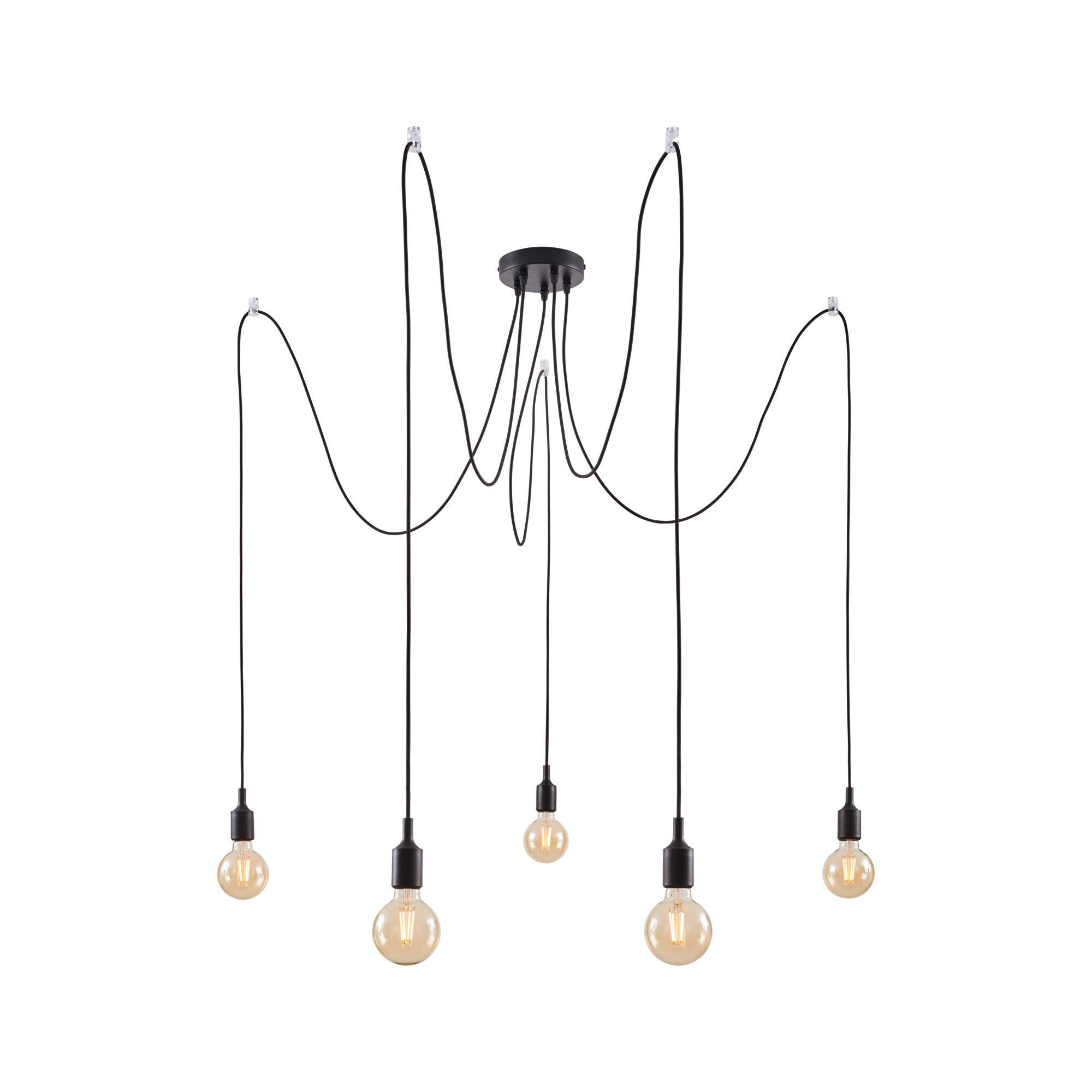 Modern black pendant light with five bulbs and long cables for stylish living room lighting