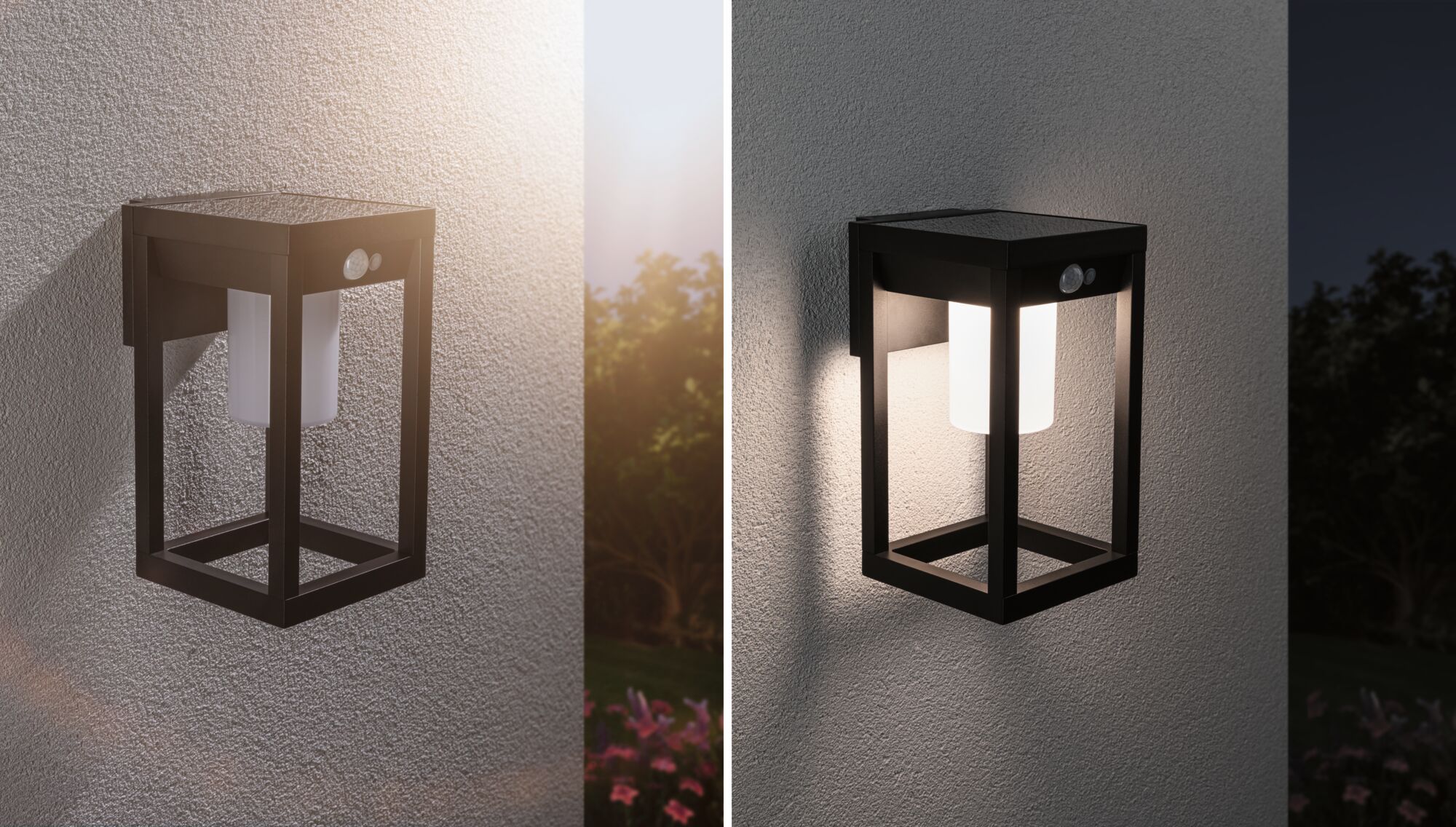 Black metal outdoor wall light with motion sensor shown mounted on wall day and night.