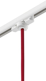 Weißer Schienenadapter mit rotem Textilkabel für flexible LED-Schienenbeleuchtung