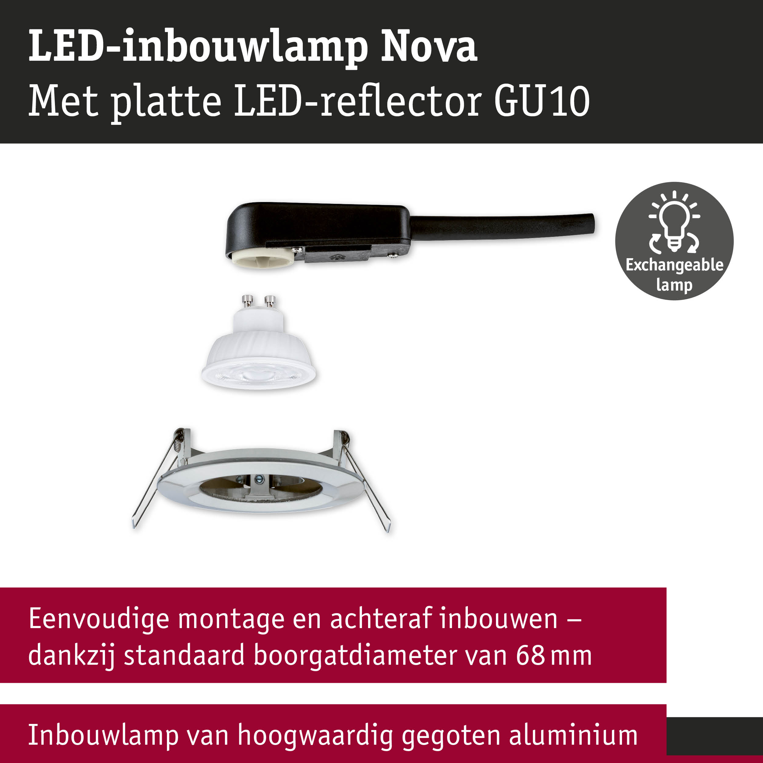 LED-inbouwlamp Nova met platte LED-reflector GU10 en verwisselbare lamp in wit en zwart