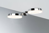 Applique murale LED chromée moderne avec deux lampes rondes blanc chaud pour miroir de salle de bain.