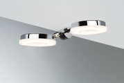 Applique murale LED moderne en chrome avec deux panneaux lumineux ronds blancs pour salle de bain