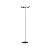 Stehende LED-Lampe mit schwarzem Metallfuß und goldfarbenem Aluminium-Ring für modernes Wohnzimmerlicht