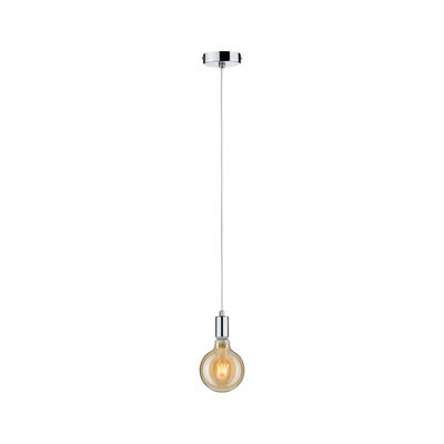Hanglamp met chroom metalen fitting en warm gloeilamplicht voor moderne binnenverlichting.