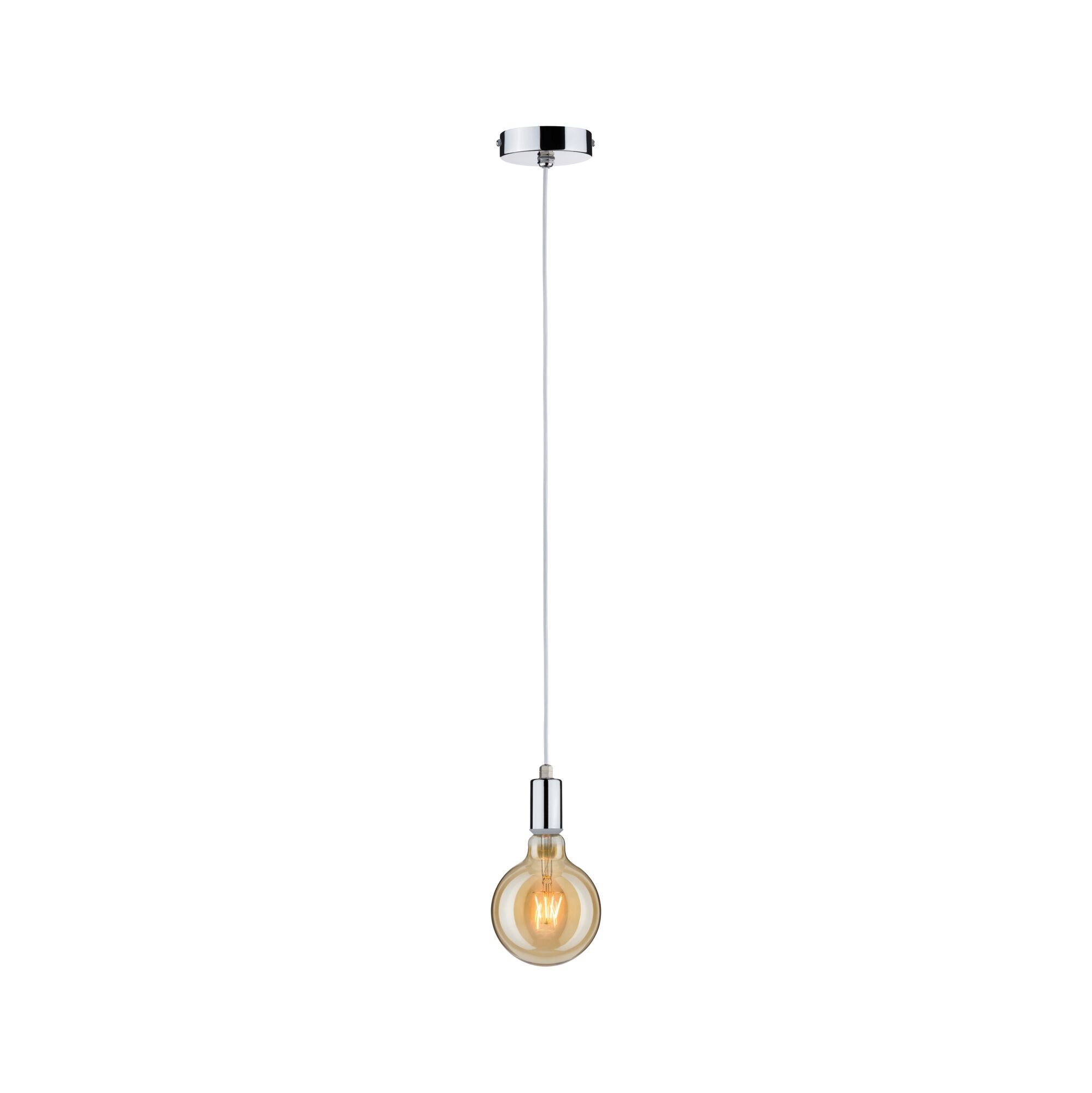 Hanglamp met chroom metalen fitting en warm gloeilamplicht voor moderne binnenverlichting.