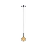 Pendant light with chrome metal and warm bulb glow, ideal for modern interior lighting solutions.