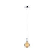 Pendant light with chrome metal and warm bulb glow, ideal for modern interior lighting solutions.