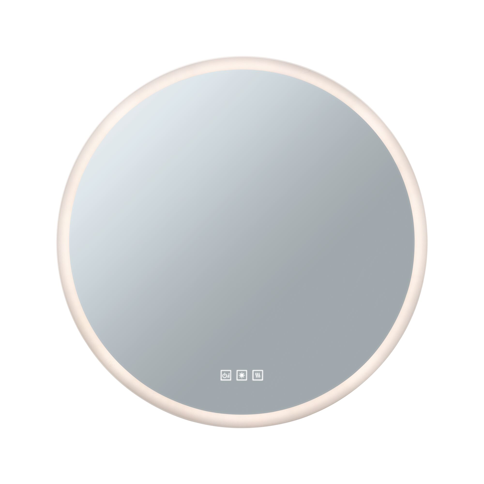 Miroir de salle de bain rond avec éclairage LED blanc et commandes tactiles pour salle moderne.