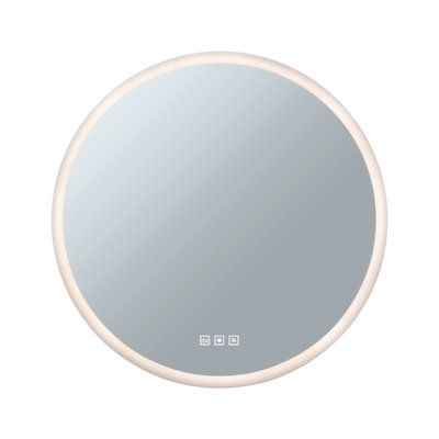 Round bathroom mirror with white LED lighting and touch controls for modern bathroom decor.