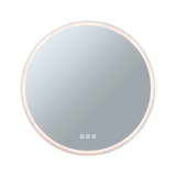 Round bathroom mirror with white LED lighting and touch controls for modern bathroom decor.