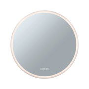 Round mirror with white frame and integrated LED lighting, touch control icons visible