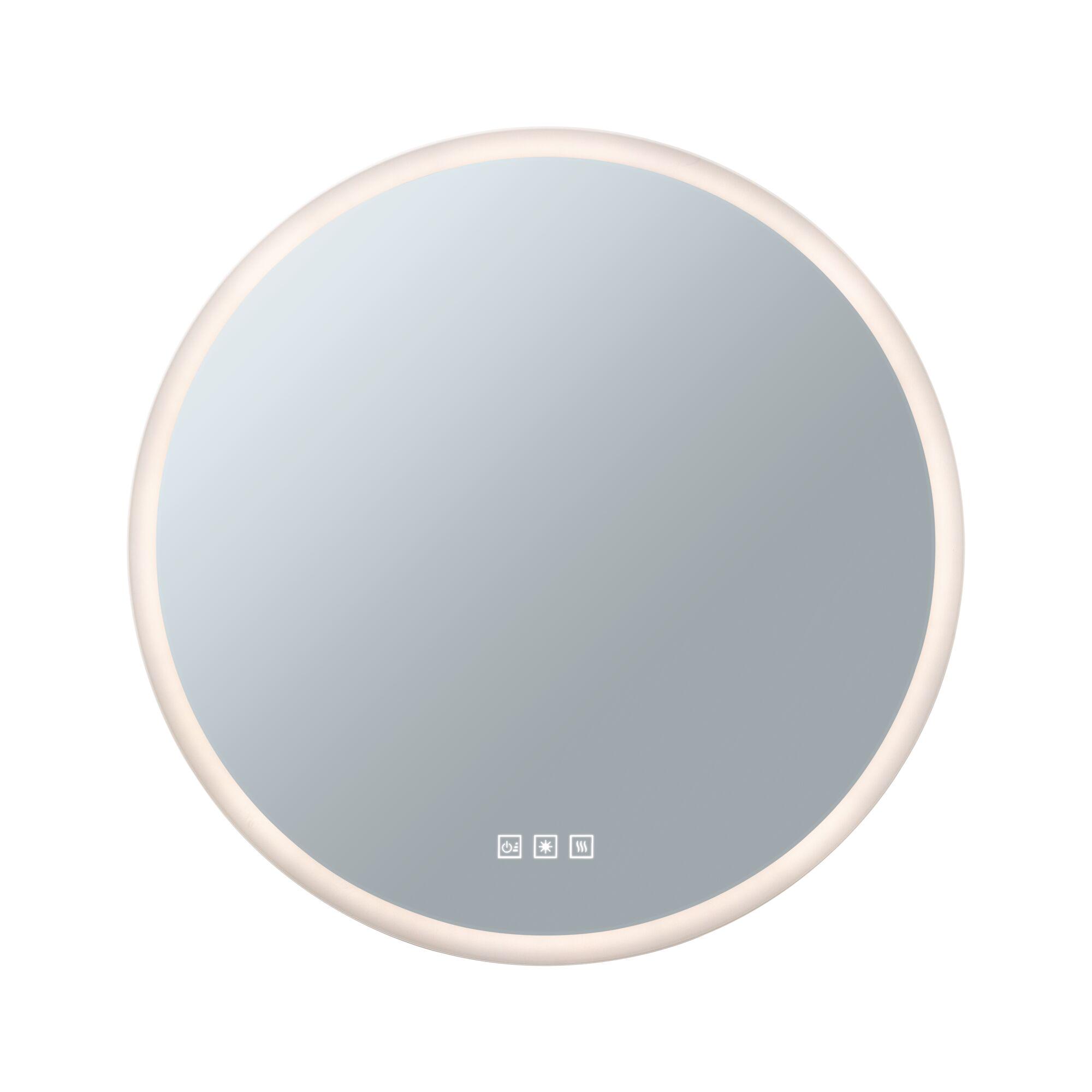Round mirror with white frame and integrated LED lighting, touch control icons visible