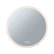 Round mirror with white frame and integrated LED lighting, touch control icons visible