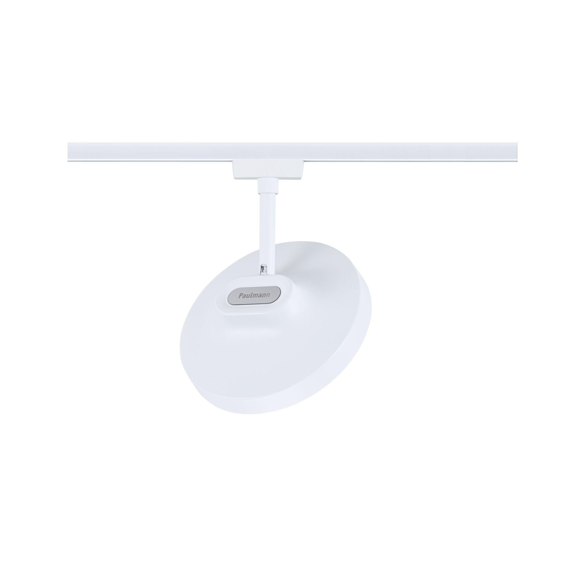 White round metal LED spotlight on track system for flexible room lighting