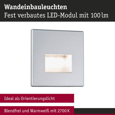 Silberne LED-Wandeinbauleuchte mit fest verbautem Modul und warmweißem Licht 2700K als Orientierungslicht