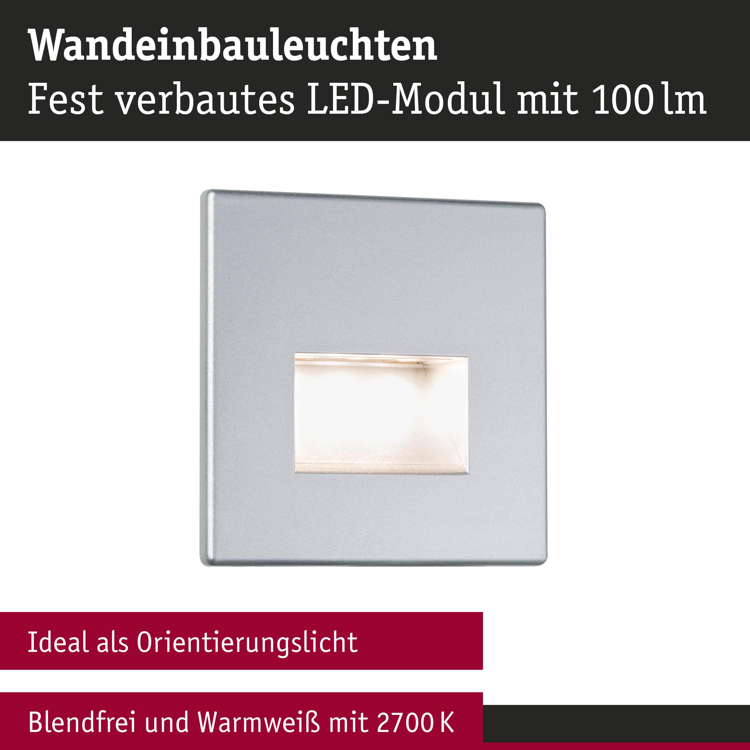 Silberne LED-Wandeinbauleuchte mit fest verbautem Modul und warmweißem Licht 2700K als Orientierungslicht