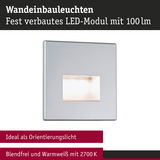 Silberne LED-Wandeinbauleuchte mit fest verbautem Modul und warmweißem Licht 2700K als Orientierungslicht