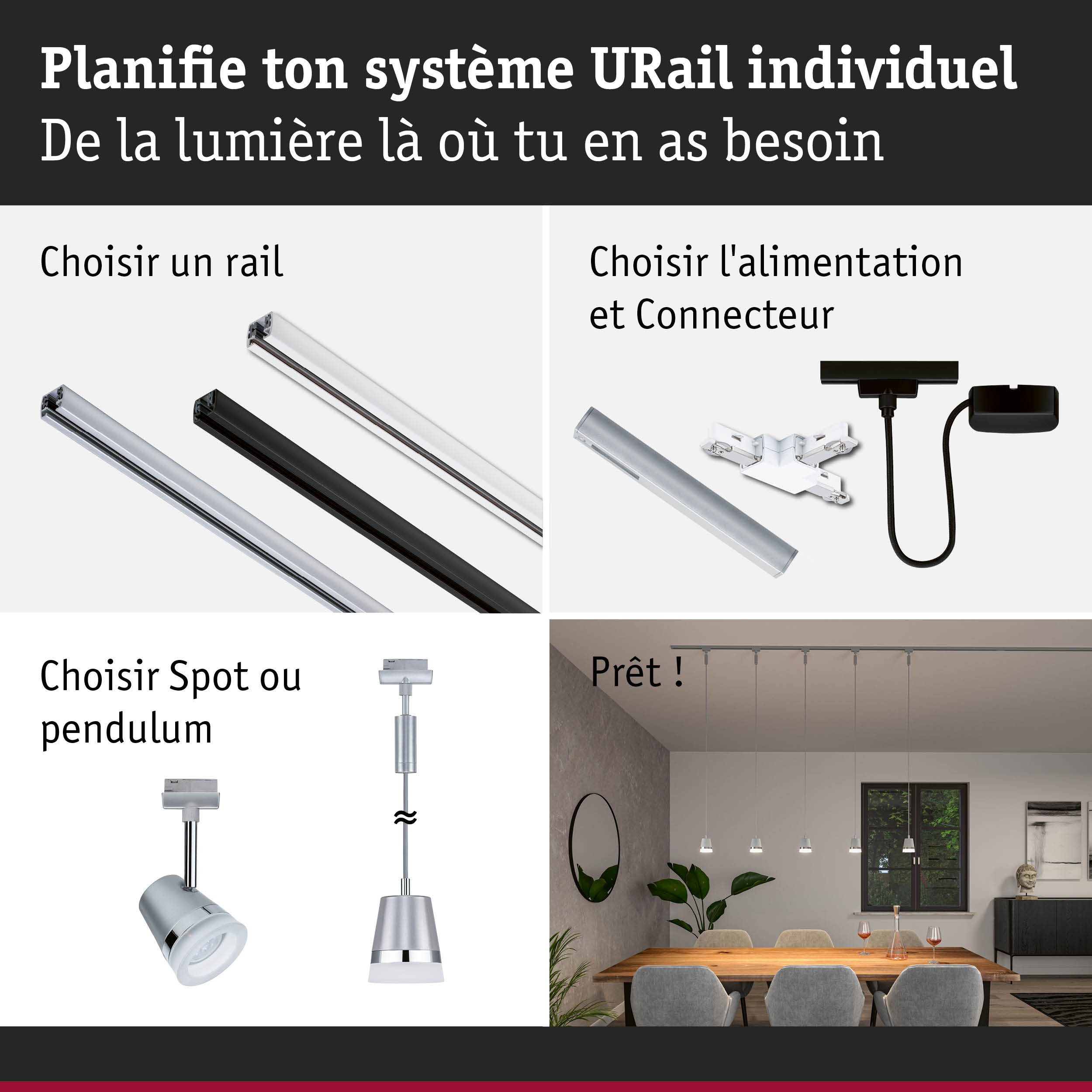 Système de rail URail modulaire noir et blanc avec spots et suspensions pour éclairage flexible