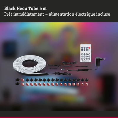 Tube néon noir de 5 m avec télécommande, alimentation et clips de fixation pour éclairage LED