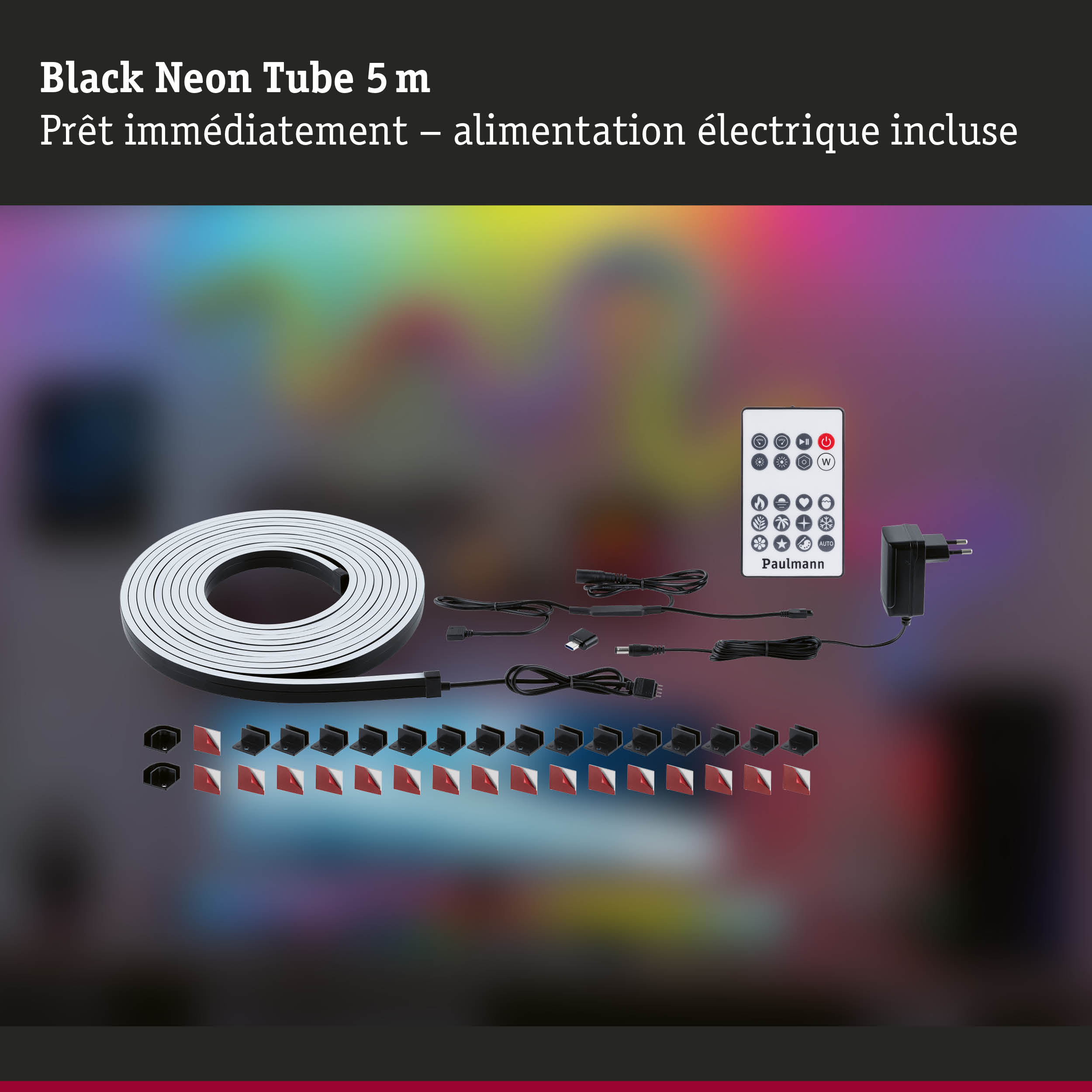 Bandeau néon LED noir de 5 m avec télécommande et alimentation, éclairage d'ambiance
