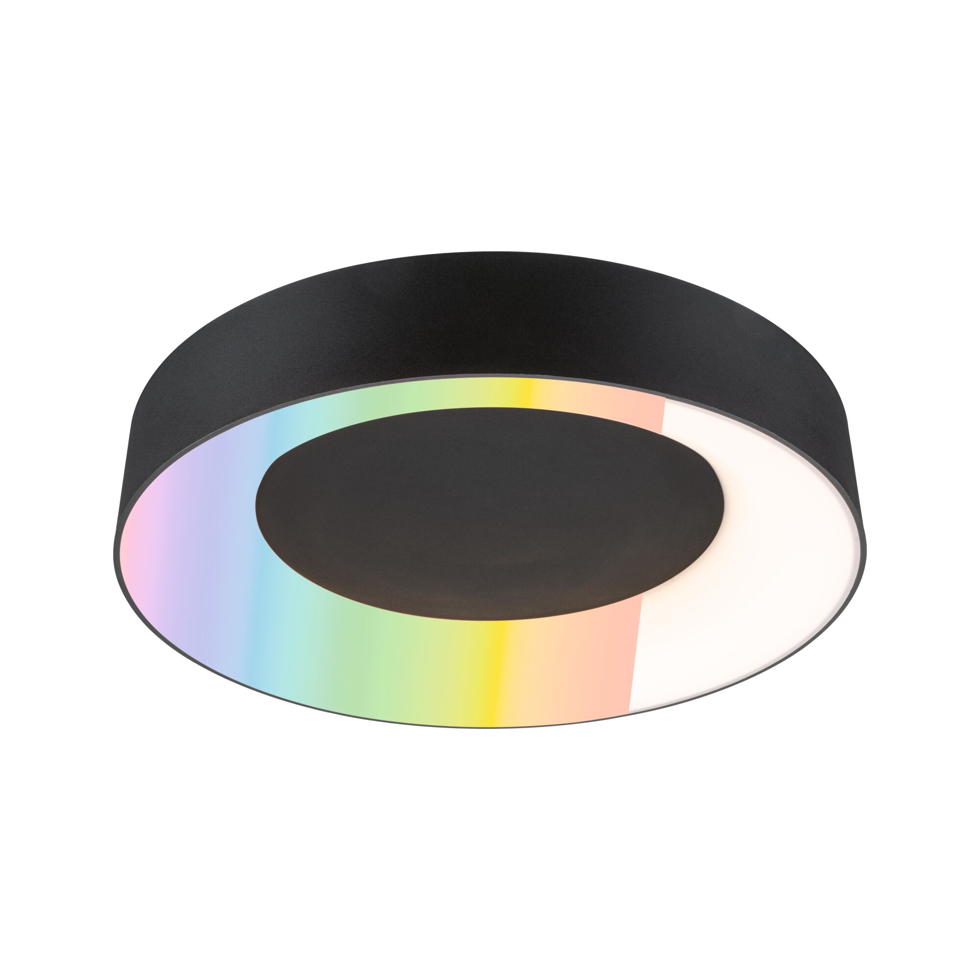 Schwarze LED-Deckenleuchte mit farbigem RGB-Licht und modernem Design für Wohnräume