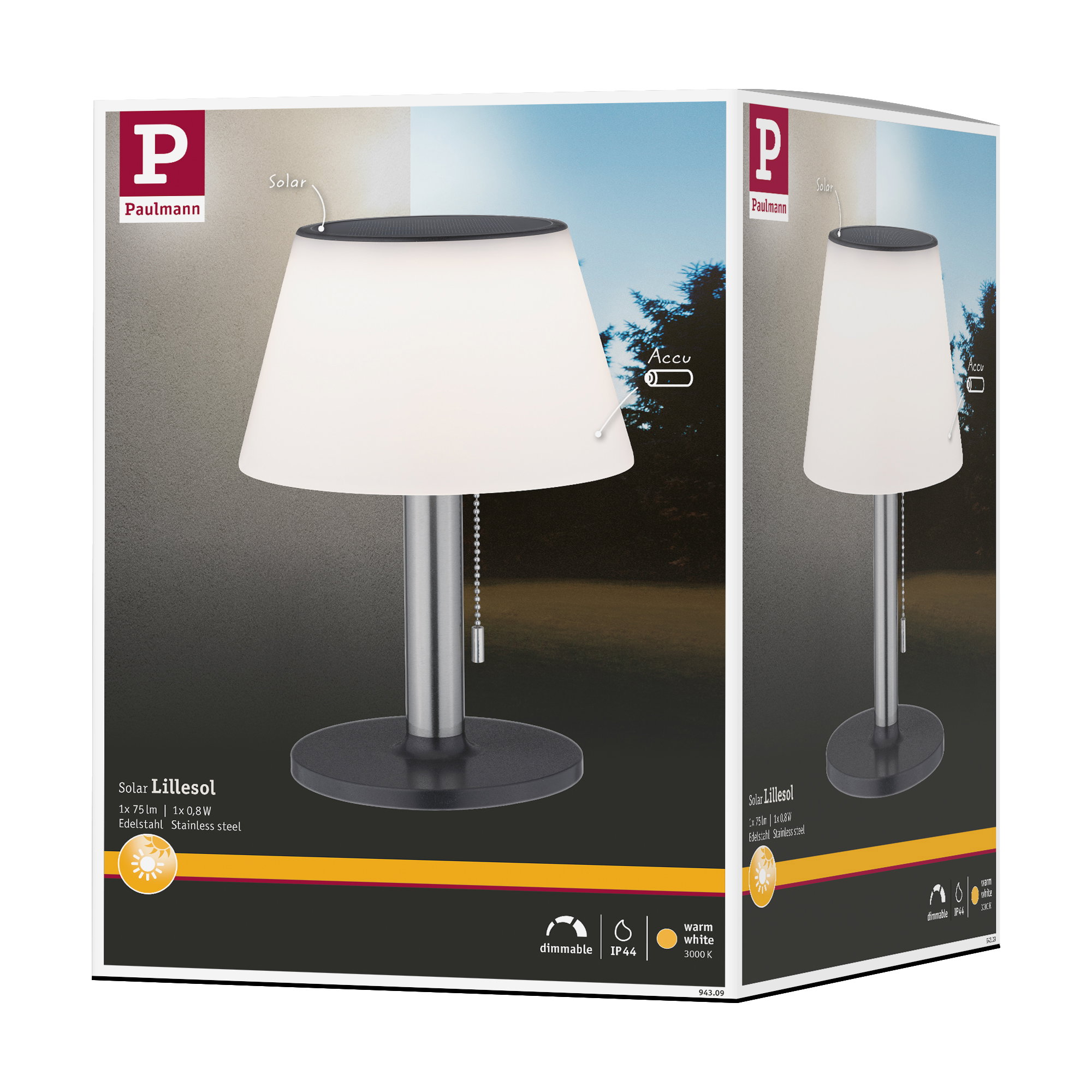 Lampe de table solaire Lillesol en acier inoxydable avec lumière blanche chaude dimmable pour extérieur