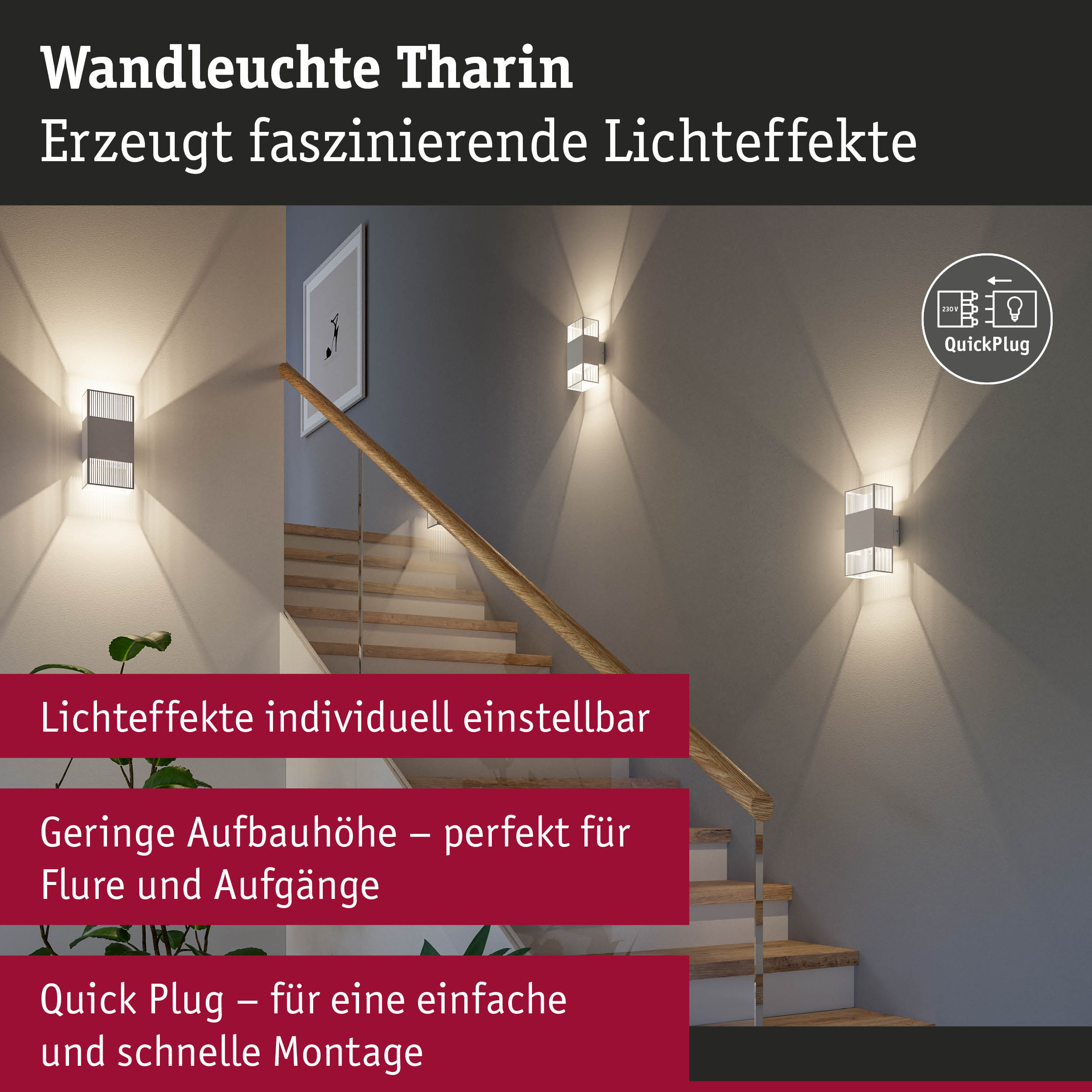 Weiße Wandleuchte Tharin aus Metall mit faszinierenden Lichteffekten an Treppenwand