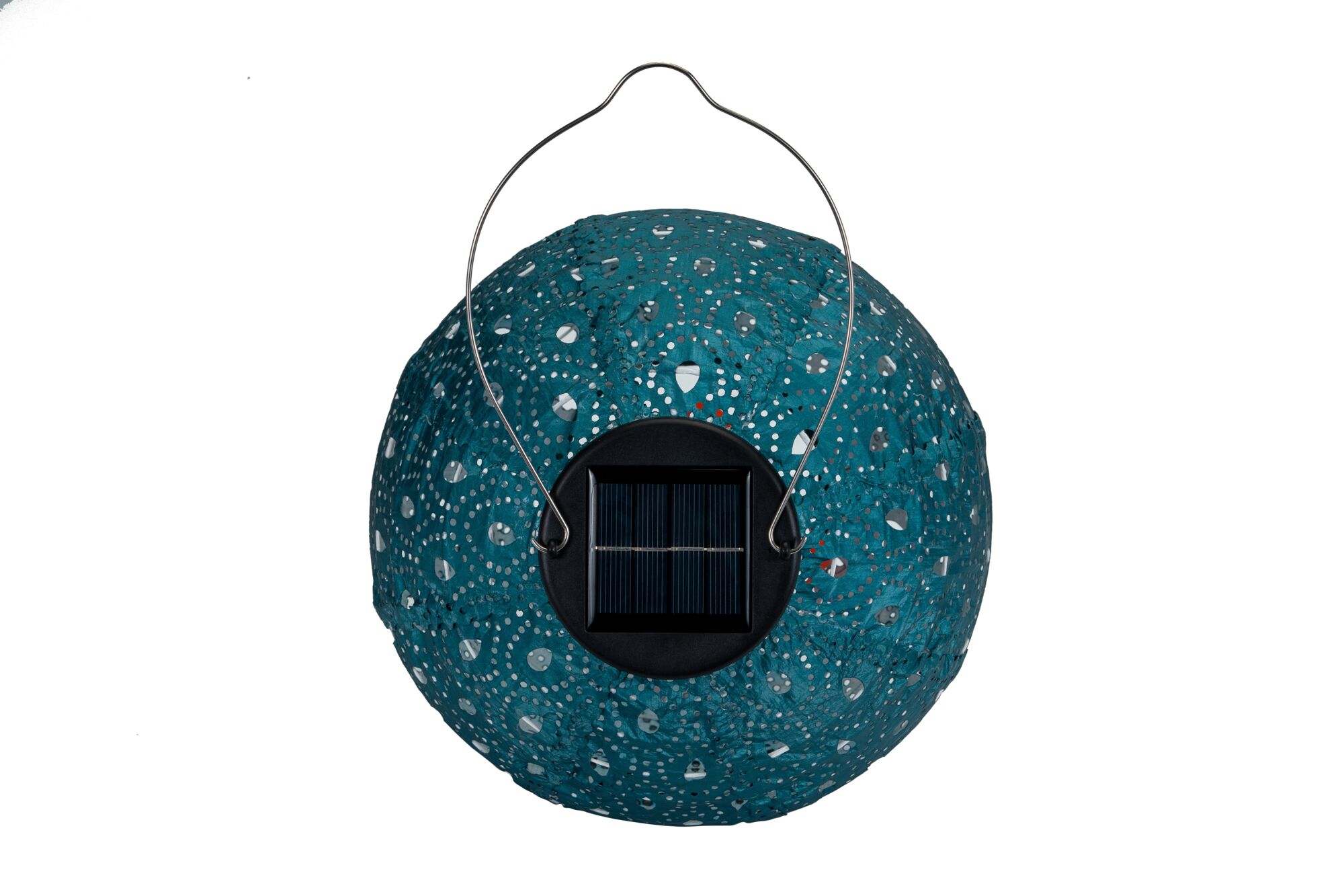 Round solar light with blue metal mesh and stainless steel handle for garden lighting and outdoor decor.