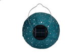 Round solar light with blue metal mesh and stainless steel handle for garden lighting and outdoor decor.