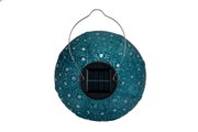 Round solar light with blue metal mesh and stainless steel handle for garden lighting and outdoor decor.