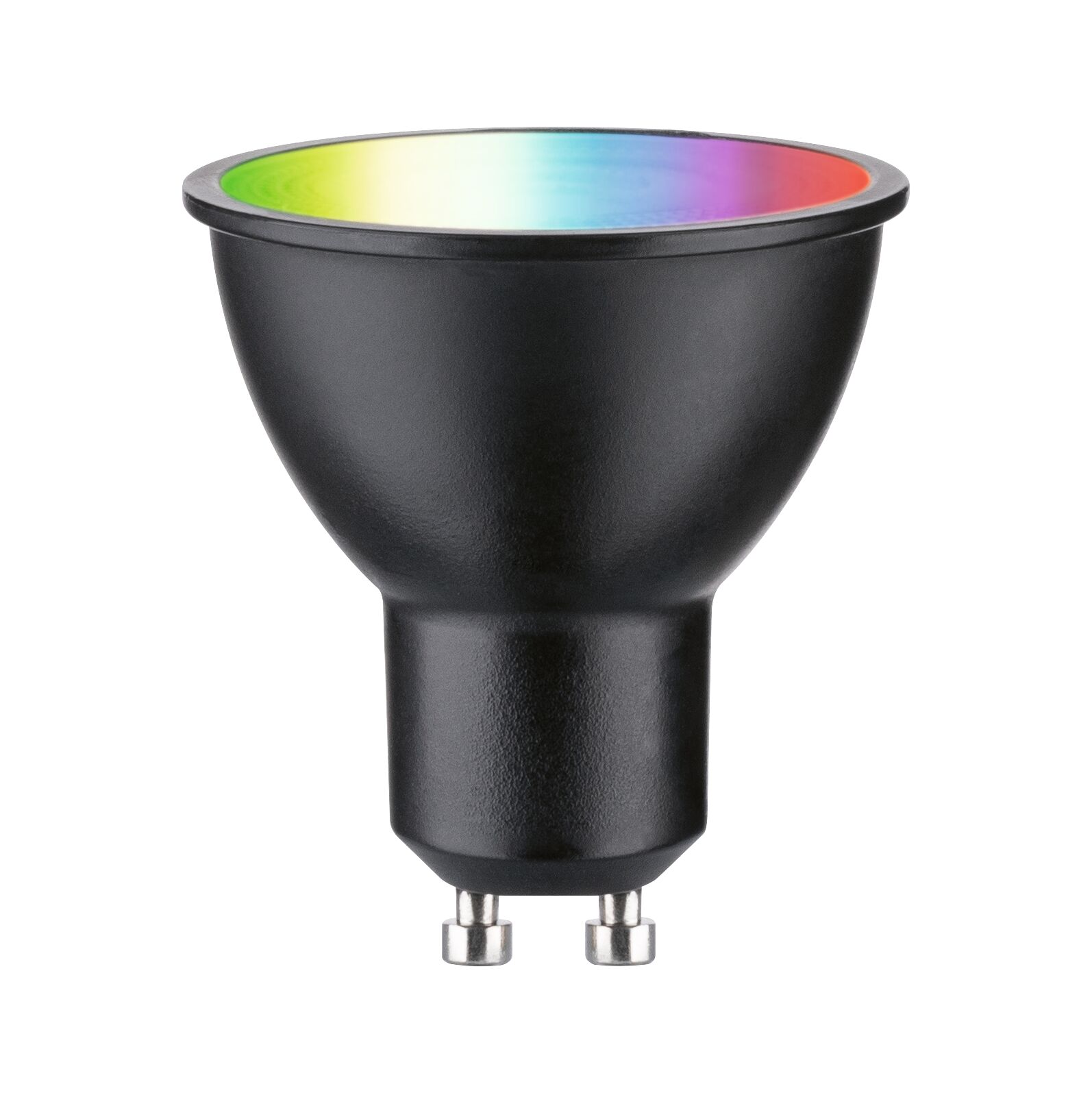 Black LED bulb with GU10 base and colorful light filter for modern lighting solutions