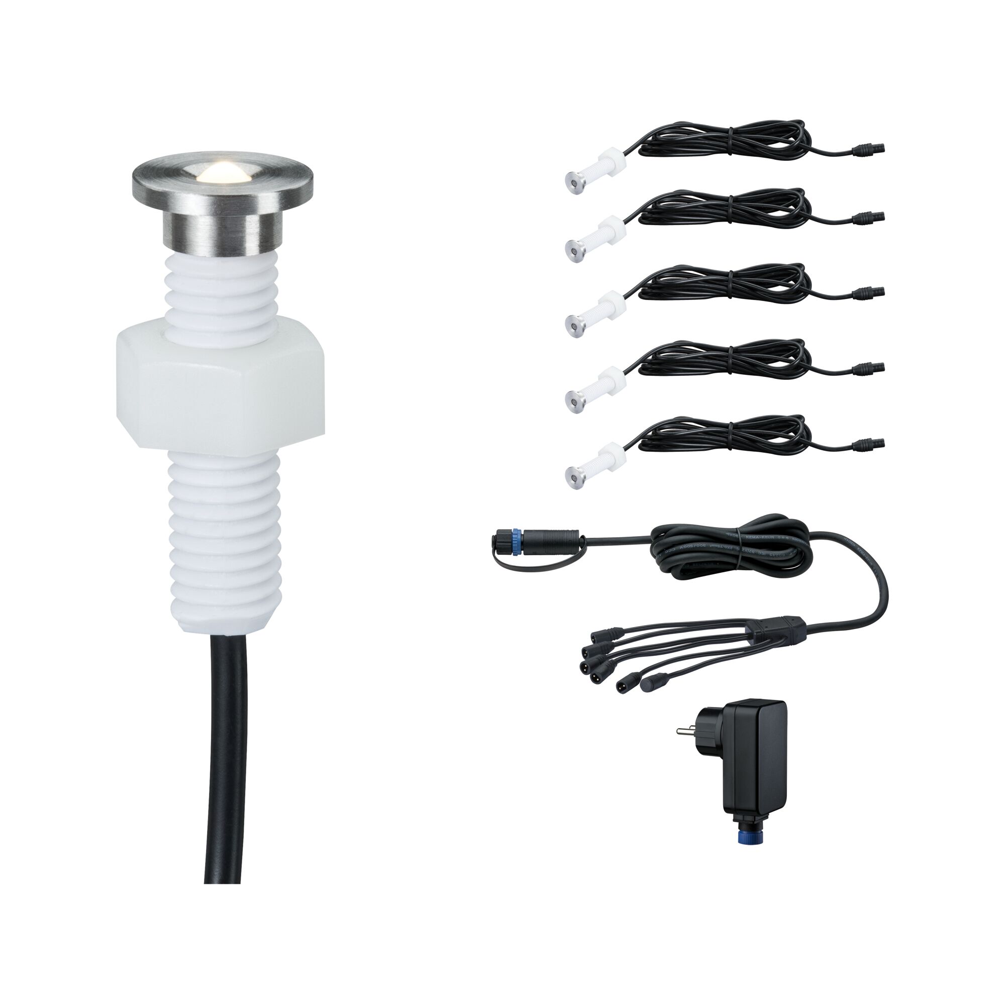 Plug & Shine LED-grondinbouwlamp MicroPen II Basisset IP67 3000K 5x0,2W 21VA Zilver LED inbouwspots set van roestvrij staal en kunststof met kabels en voeding voor binnenverlichting