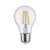 Klassische LED-Glühbirne mit transparentem Glas und sichtbaren gelben Filamenten für energiesparende Beleuchtung