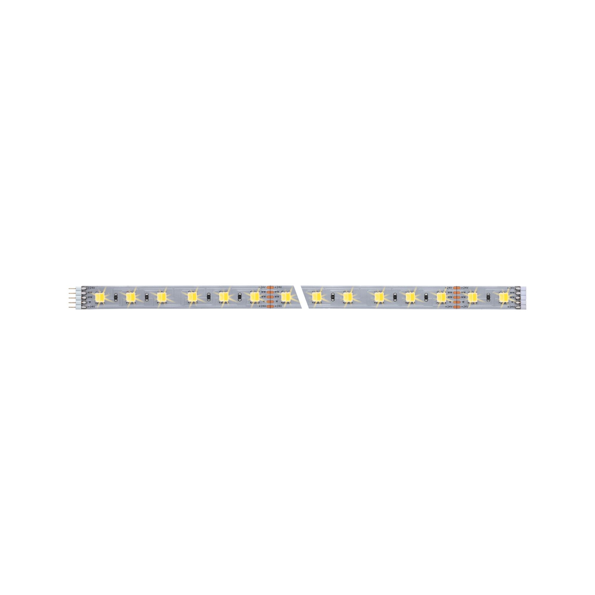 Flexible LED strip with warm white LEDs on silver circuit board for decorative lighting