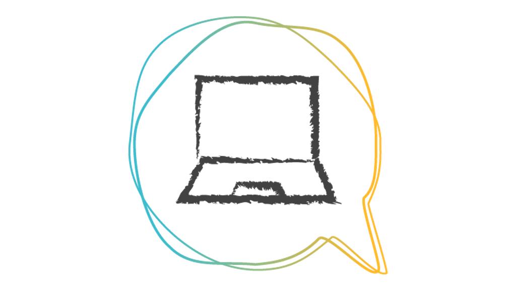 Skizze eines Laptops in einer mehrfarbigen Sprechblase symbolisiert digitale Kommunikation und Nachhaltigkeit.